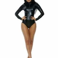 Forplay Sexy Black Wetlook Vinyl Leather Long Sleeve Zipper Bodycon Bodysuit