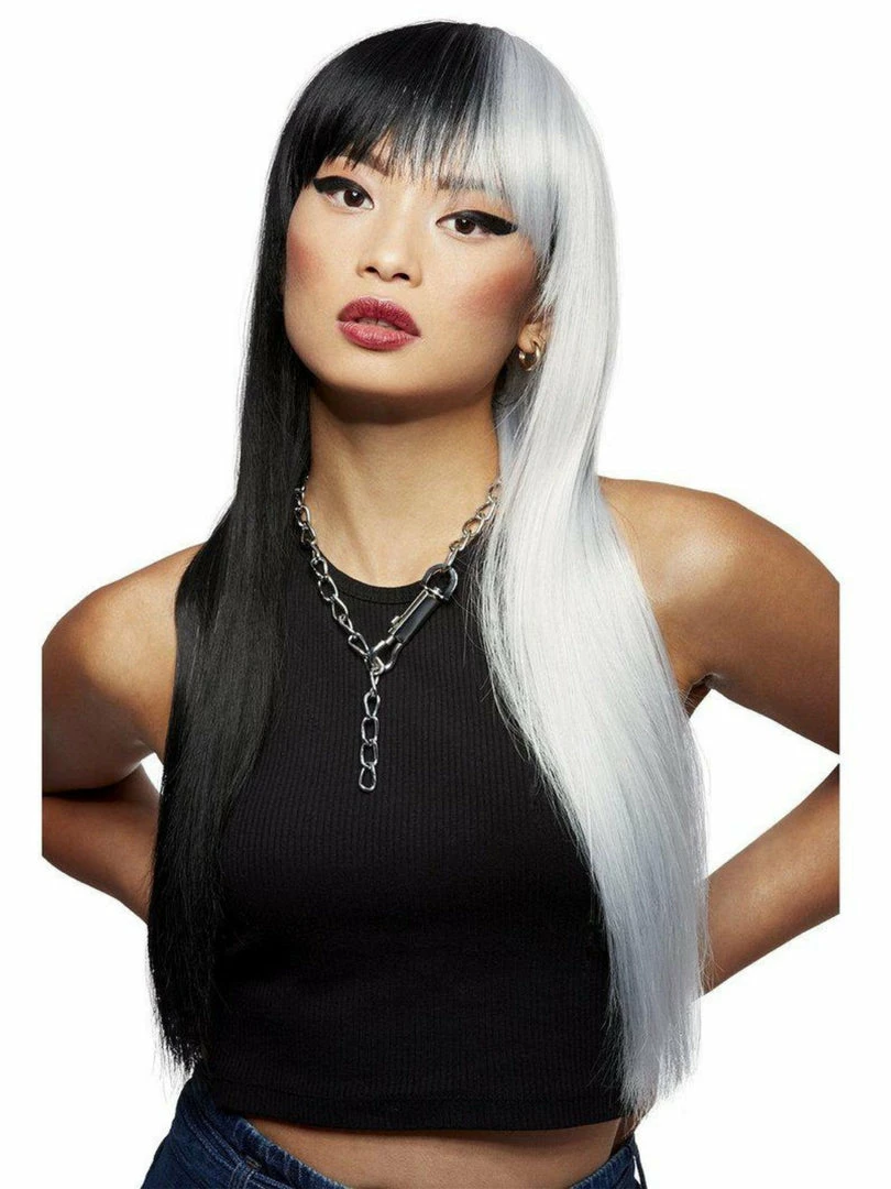 SMIFFYS Manic Panic Long Straight Black & White Split Dye Style Wig Wigs 1 SMIFFYS Manic Panic Long Straight Black & White Split Dye Style Wig Wigs