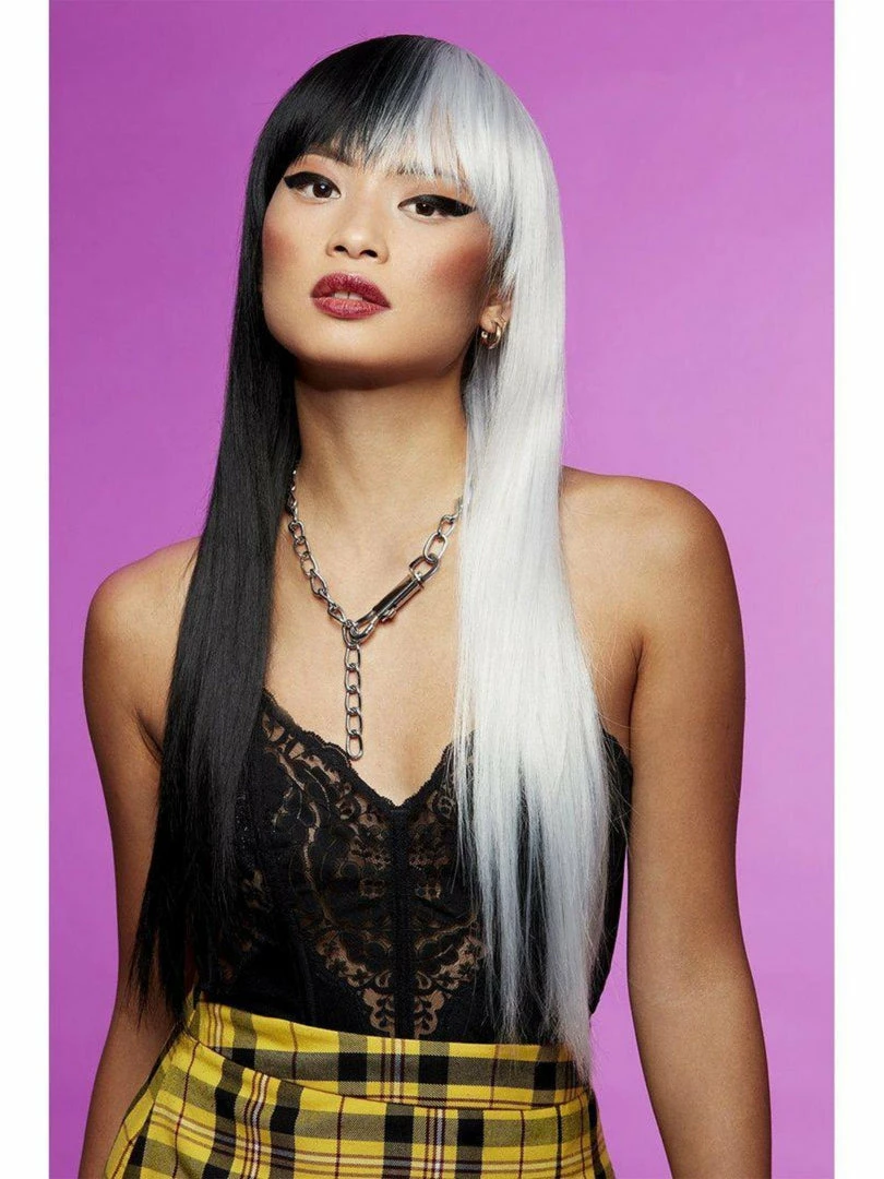 SMIFFYS Manic Panic Long Straight Black & White Split Dye Style Wig Wigs 4 SMIFFYS Manic Panic Long Straight Black & White Split Dye Style Wig Wigs