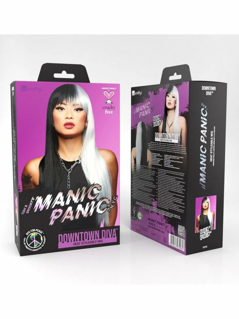 SMIFFYS Manic Panic Long Straight Black & White Split Dye Style Wig Wigs 5 SMIFFYS Manic Panic Long Straight Black & White Split Dye Style Wig Wigs