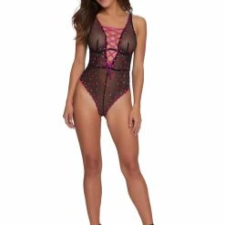 Dreamgirl Pretty Love Pink And Red Heart Embroidery Stretch Mesh Bodysuit