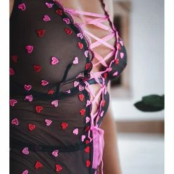 Dreamgirl Pretty Love Pink And Red Heart Embroidery Stretch Mesh Bodysuit