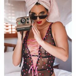 Dreamgirl Pretty Love Pink And Red Heart Embroidery Stretch Mesh Bodysuit