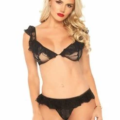 Leg Avenue Up All Night Lace Ruffle Bralette Lingerie Set With Matching G-string