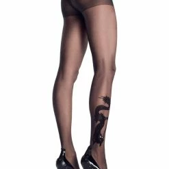 Leg Avenue Hosiery Sheer Pantyhose With Flock Dragon Tattoo Print & Rhinestone Eyes