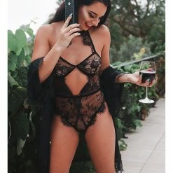 Leg Avenue Irresistible Force Eyelash Lace Keyhole Halter Bodysuit Lingerie