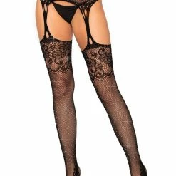 Leg Avenue Glitz N Glama Rhinestone Lace Top Fisnshet Stockings With Garter Belt Hosiery