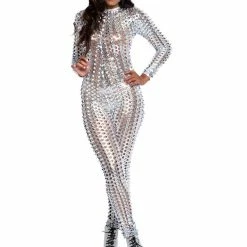 Leg Avenue Cyber Girl Laser Cut Silver Metallic Catsuit