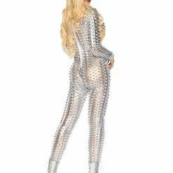 Leg Avenue Cyber Girl Laser Cut Silver Metallic Catsuit