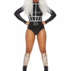 Leg Avenue Black Wetlook Lame Zip Front Bodysuit Costumes