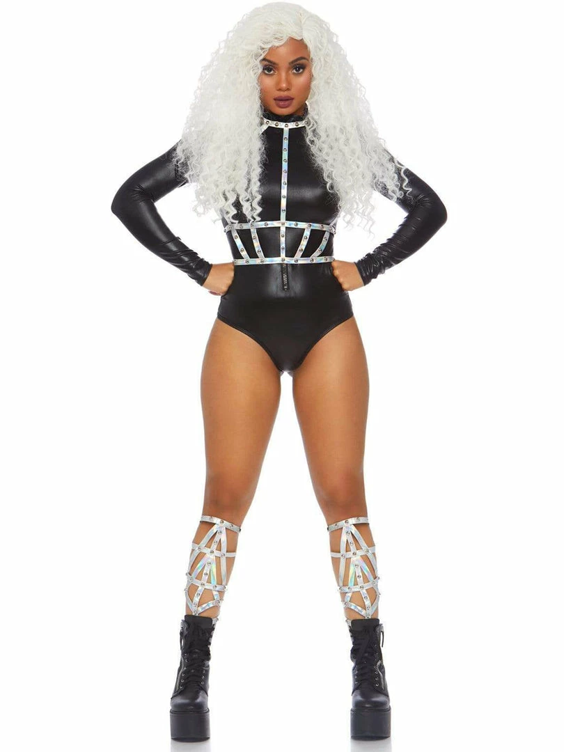 Leg Avenue Black Wetlook Lame Zip Front Bodysuit Costumes 2 Leg Avenue Black Wetlook Lame Zip Front Bodysuit Costumes