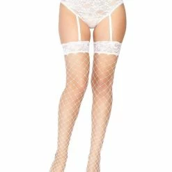 Leg Avenue White Fence Net Thigh Highs With Lace Top Hosiery
