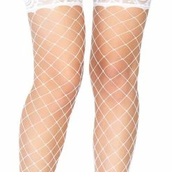Leg Avenue White Fence Net Thigh Highs With Lace Top Hosiery