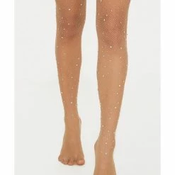Shop Fortune Kendall Nude Sparkle Glitter Crystalized Rhinestone Fishnet Tights