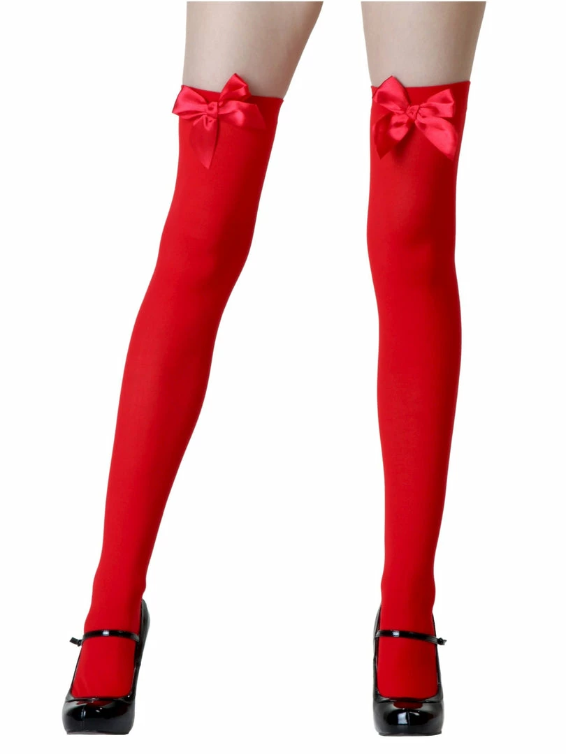 Leg Avenue Red Opaque Thigh High Stockings With Satin Bows 1 Leg Avenue Red Opaque Thigh High Stockings With Satin Bows