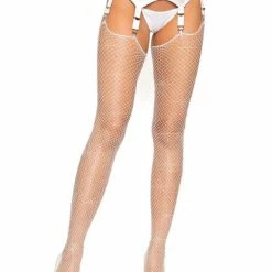 Leg Avenue White Fishnet Thigh High Suspender Stockings With Rhinestones