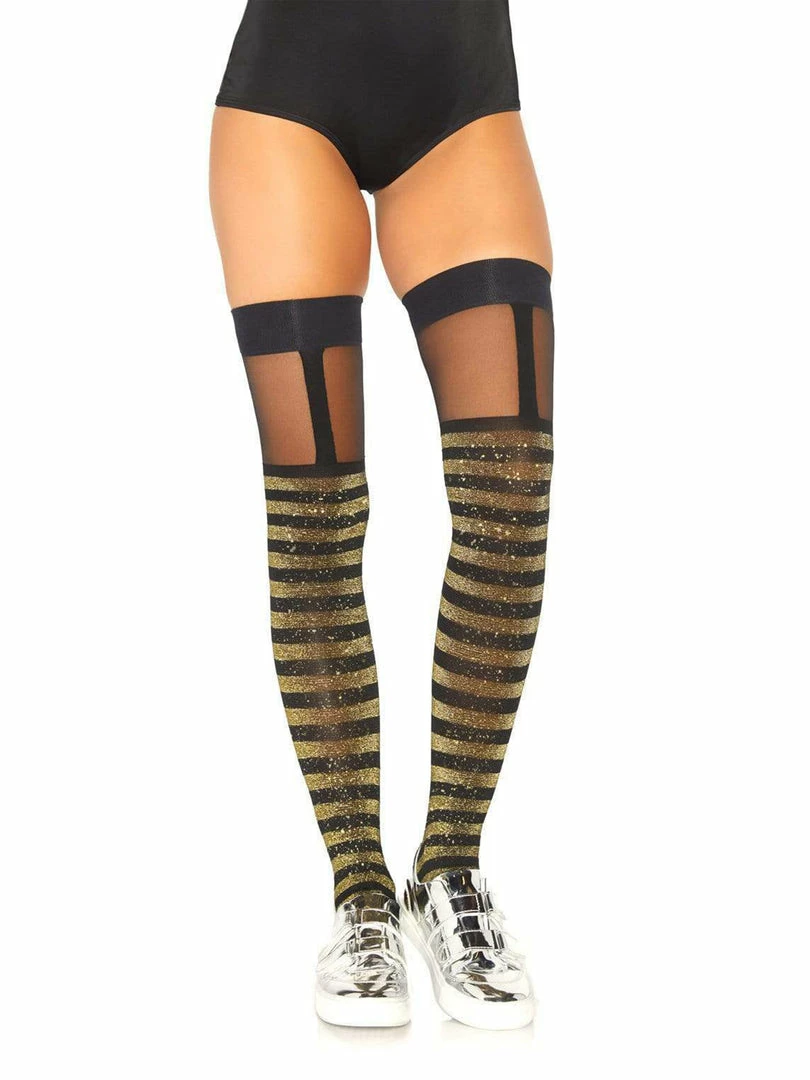 Leg Avenue Gold And Black Shimmer Striped Thigh Highs 3 Leg Avenue Gold And Black Shimmer Striped Thigh Highs