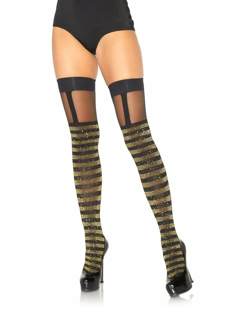 Leg Avenue Gold And Black Shimmer Striped Thigh Highs 1 Leg Avenue Gold And Black Shimmer Striped Thigh Highs