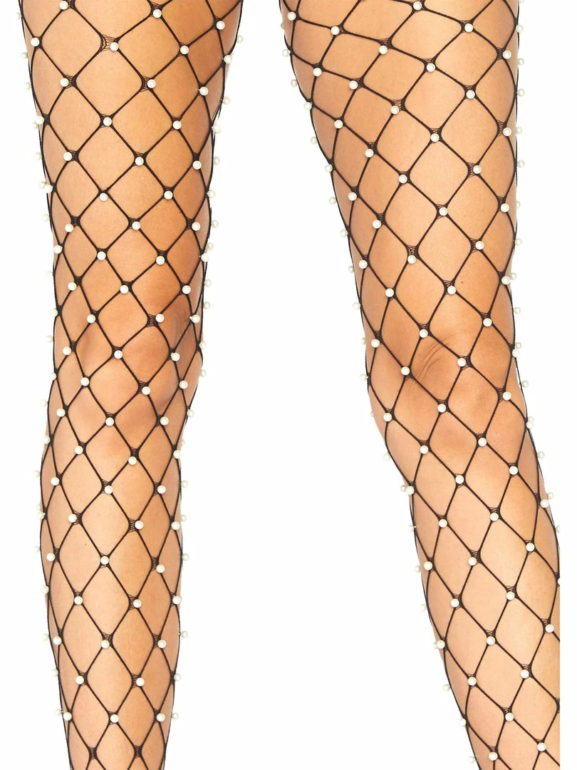 Leg Avenue Hosiery Faux Pearl Embellished Fence Net Tights 2 Leg Avenue Hosiery Faux Pearl Embellished Fence Net Tights